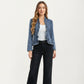 Denim Jacket with Soft Ruffle Trim Open Front Design and Textured Washed Finish for Stylish Layered Outfits