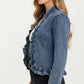 Denim Jacket with Soft Ruffle Trim Open Front Design and Textured Washed Finish for Stylish Layered Outfits