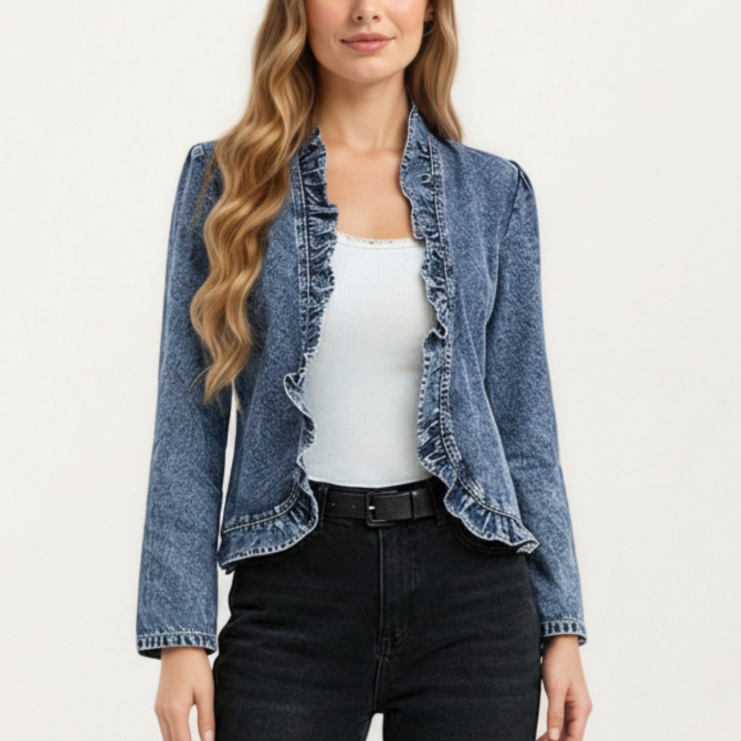Denim Jacket with Soft Ruffle Trim Open Front Design and Textured Washed Finish for Stylish Layered Outfits
