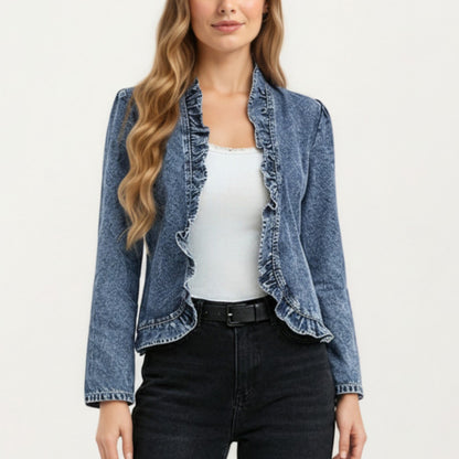 Denim Jacket with Soft Ruffle Trim Open Front Design and Textured Washed Finish for Stylish Layered Outfits