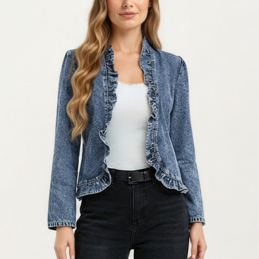 Denim Jacket with Soft Ruffle Trim Open Front Design and Textured Washed Finish for Stylish Layered Outfits
