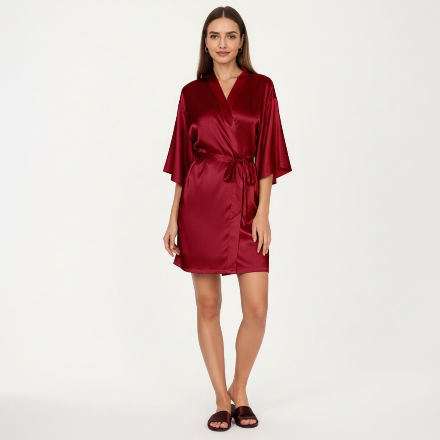 2-Piece Set Satin Slip Dress and Open Front Robe with Flowing Draped Sleeves and Lightweight Fabric