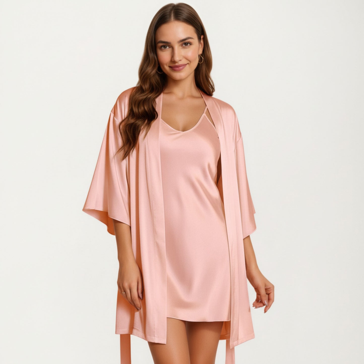 2-Piece Set Satin Slip Dress and Open Front Robe with Flowing Draped Sleeves and Lightweight Fabric