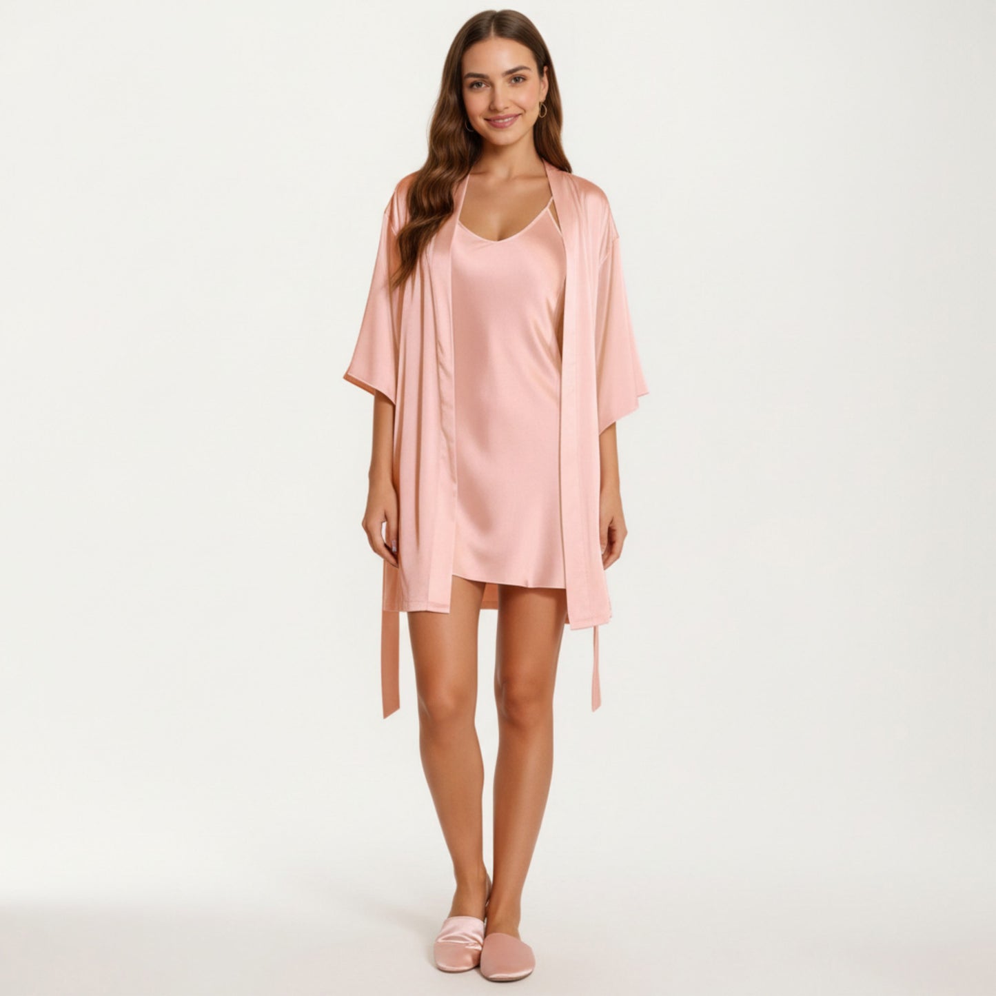 2-Piece Set Satin Slip Dress and Open Front Robe with Flowing Draped Sleeves and Lightweight Fabric