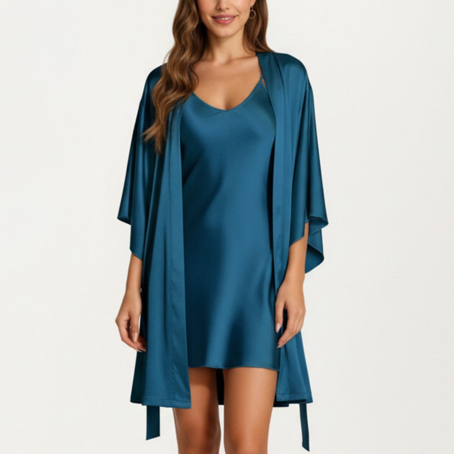 2-Piece Set Satin Slip Dress and Open Front Robe with Flowing Draped Sleeves and Lightweight Fabric