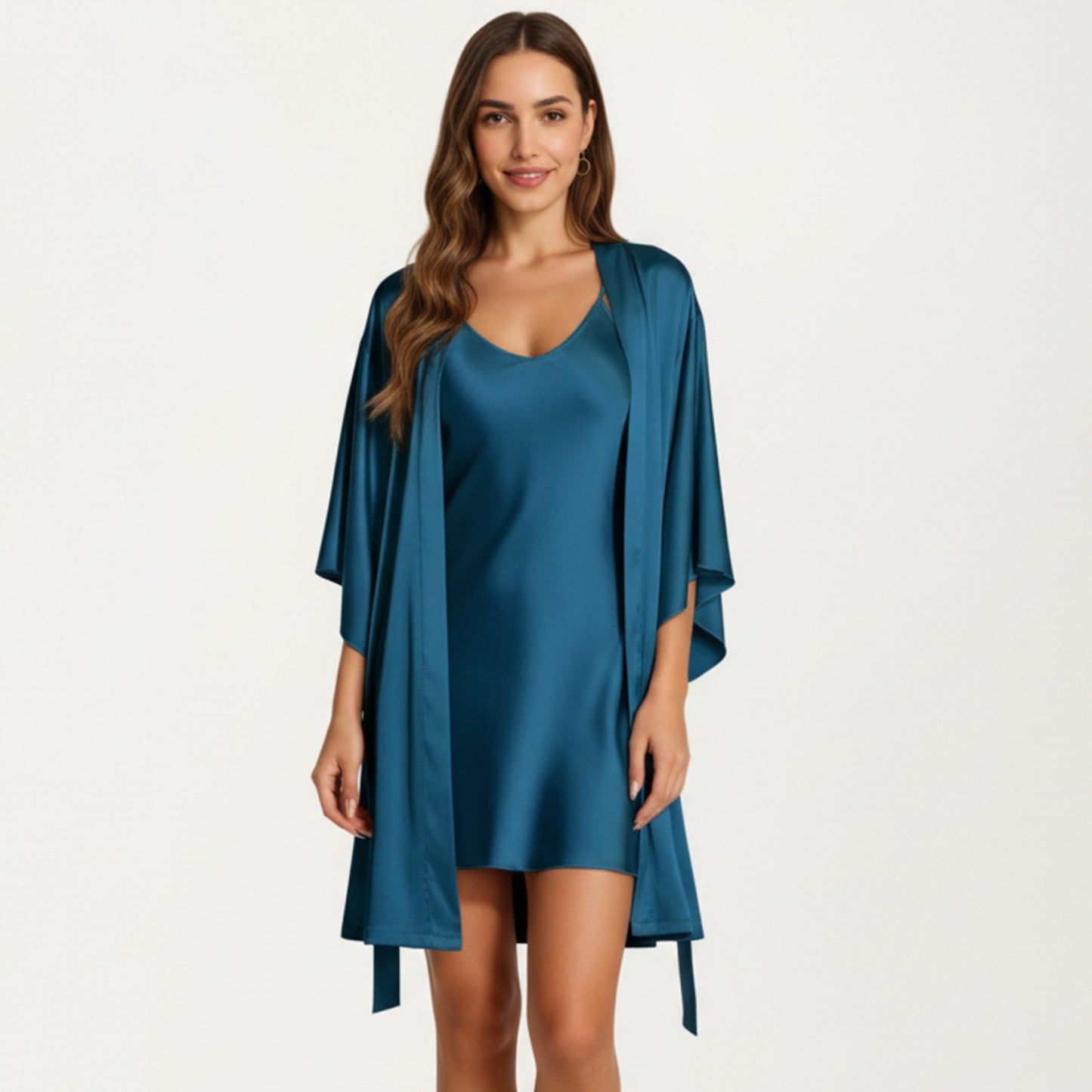 2-Piece Set Satin Slip Dress and Open Front Robe with Flowing Draped Sleeves and Lightweight Fabric