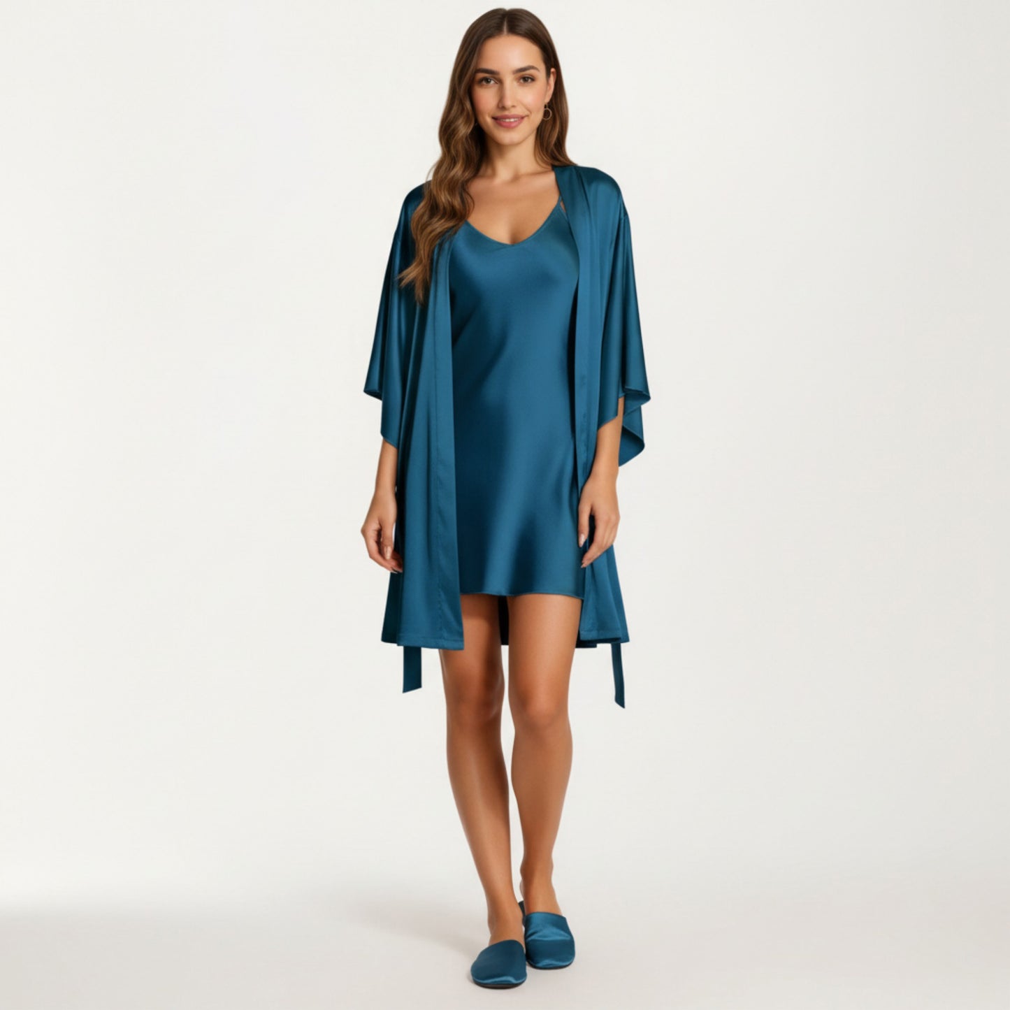 2-Piece Set Satin Slip Dress and Open Front Robe with Flowing Draped Sleeves and Lightweight Fabric