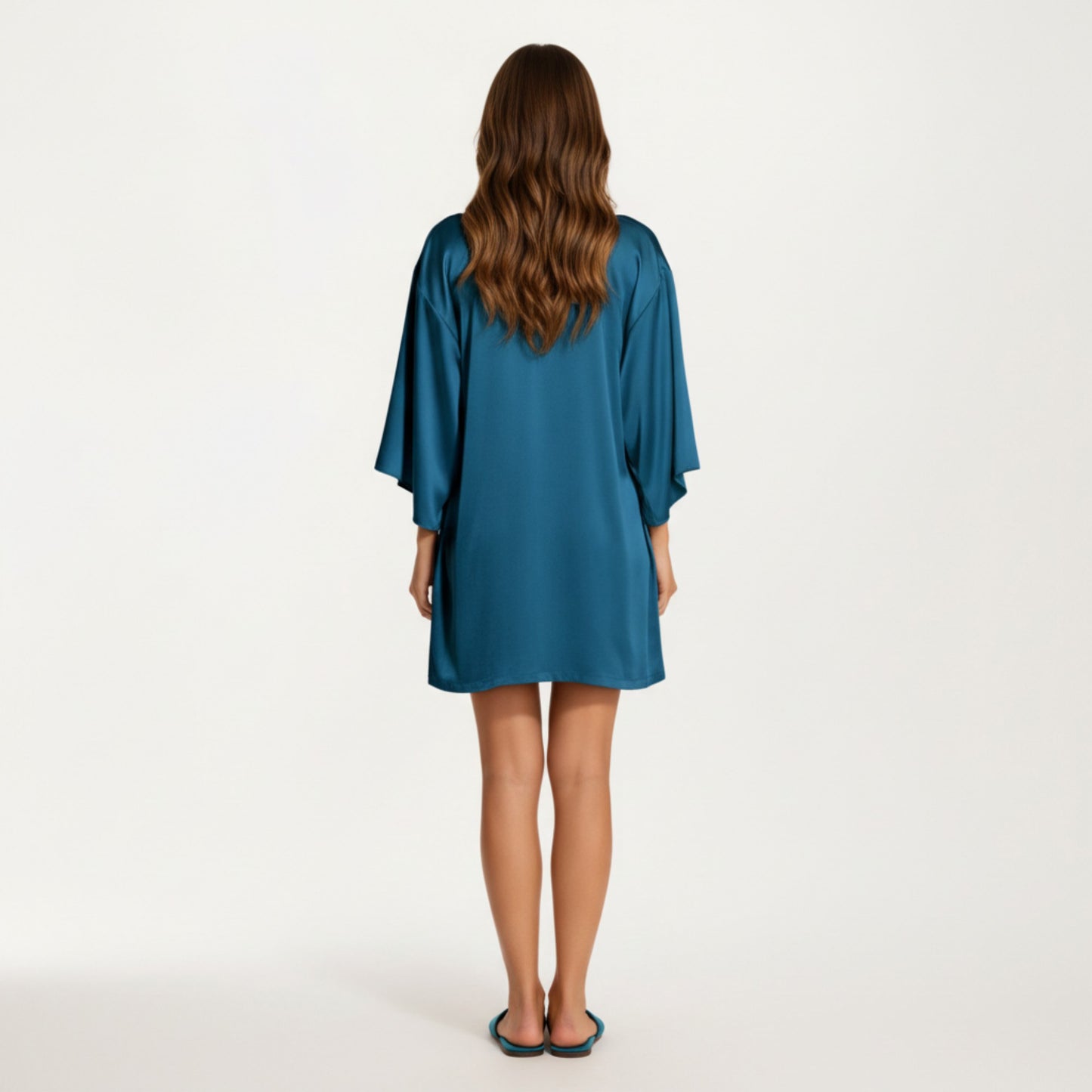 2-Piece Set Satin Slip Dress and Open Front Robe with Flowing Draped Sleeves and Lightweight Fabric