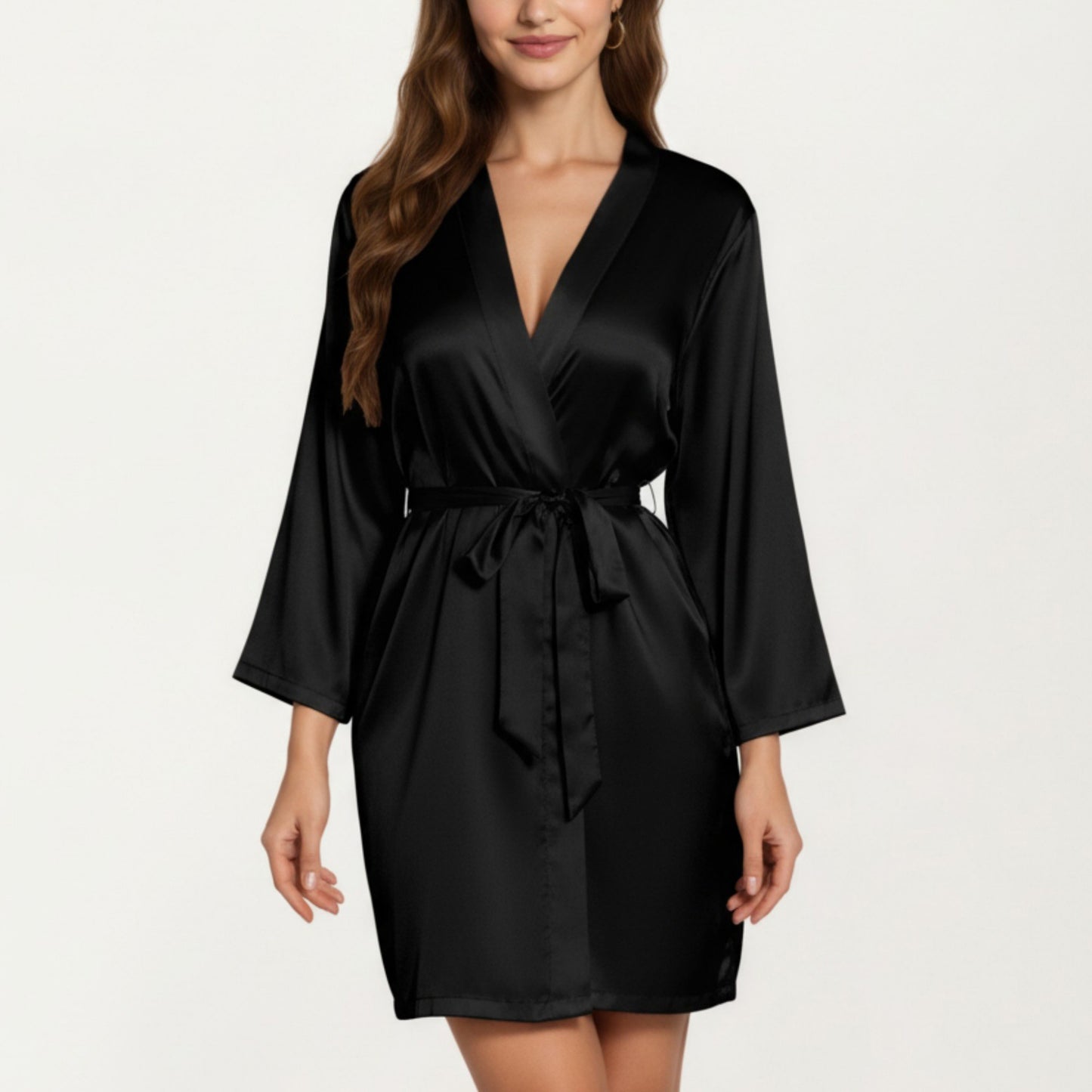 Satin Short Robe with Wrap Front Design and Adjustable Tie Waist in Smooth Lightweight Silky Fabric