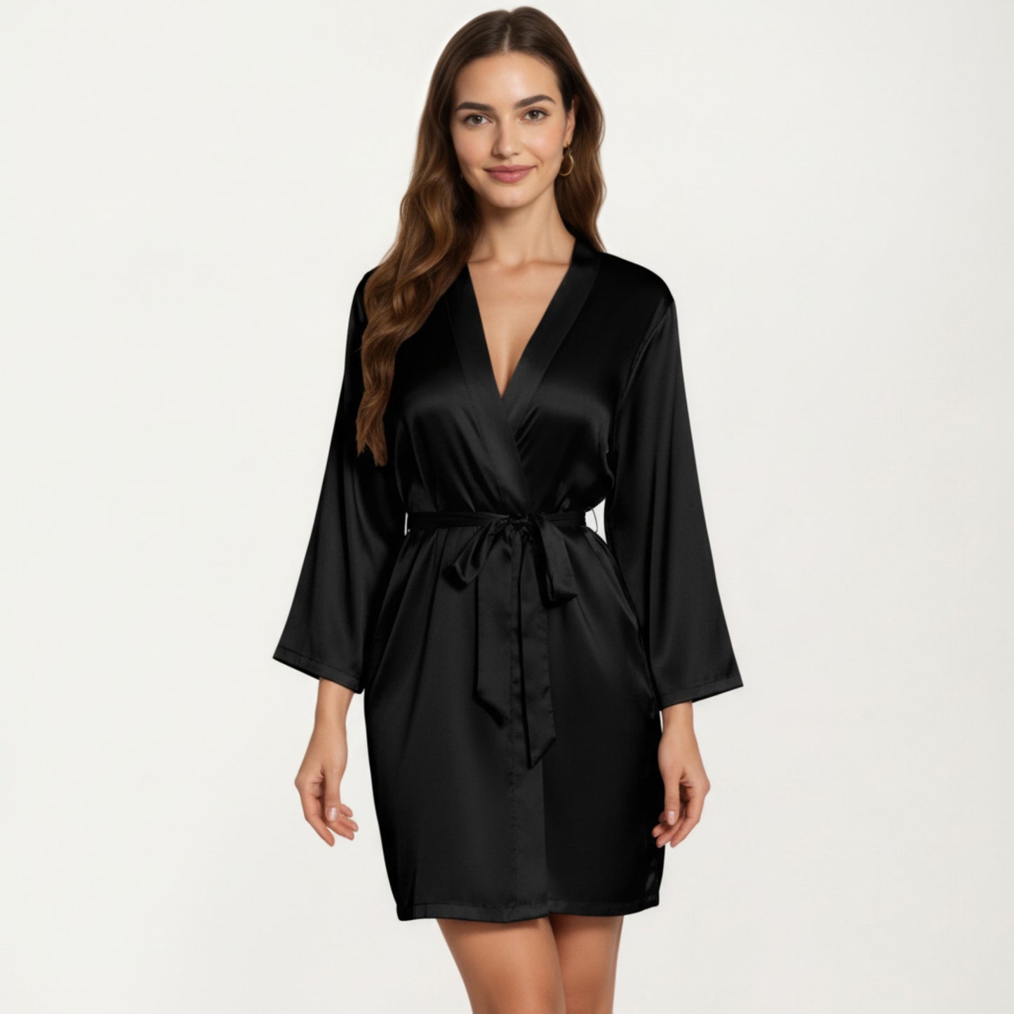 Satin Short Robe with Wrap Front Design and Adjustable Tie Waist in Smooth Lightweight Silky Fabric