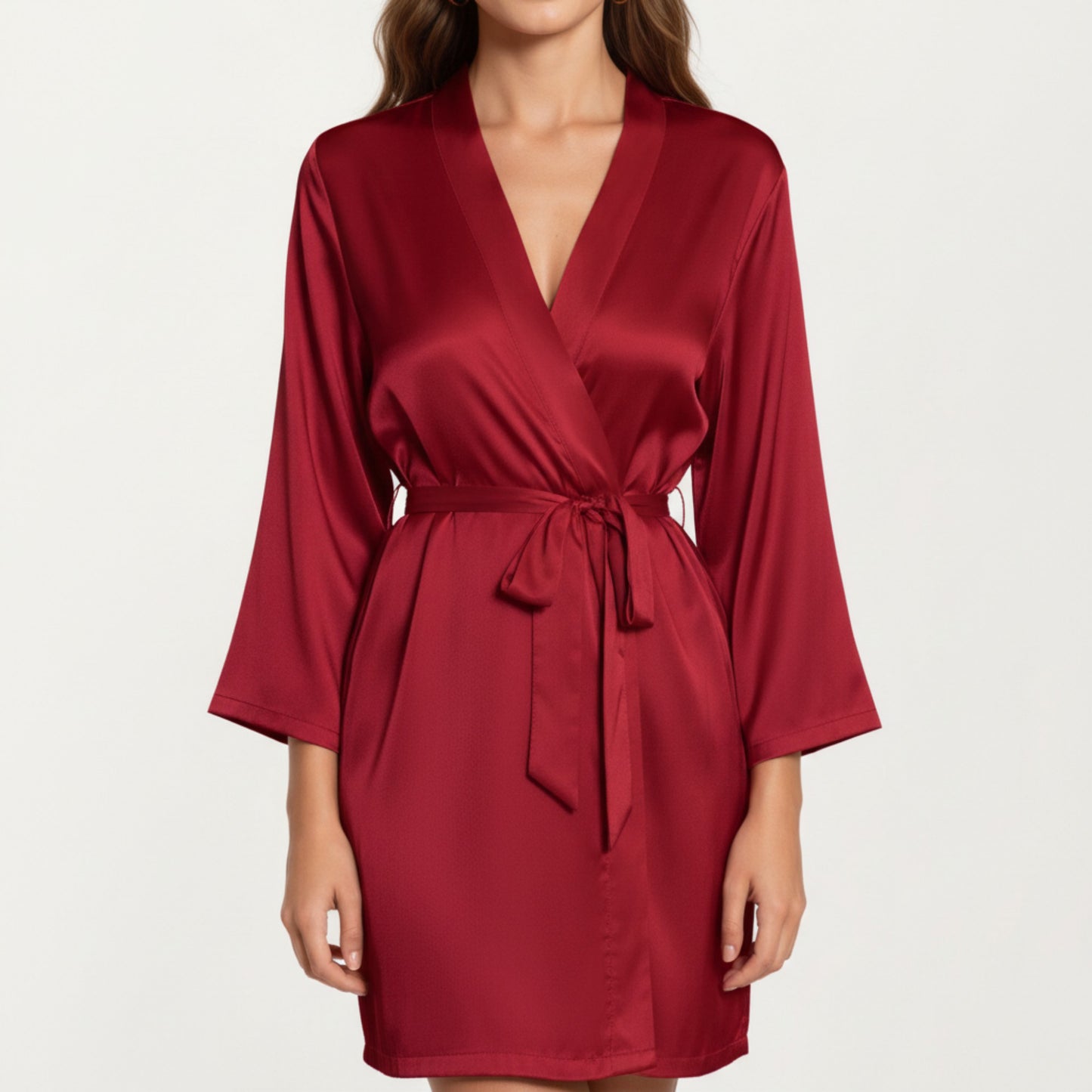 Satin Short Robe with Wrap Front Design and Adjustable Tie Waist in Smooth Lightweight Silky Fabric
