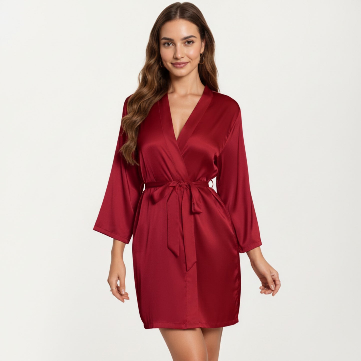 Satin Short Robe with Wrap Front Design and Adjustable Tie Waist in Smooth Lightweight Silky Fabric