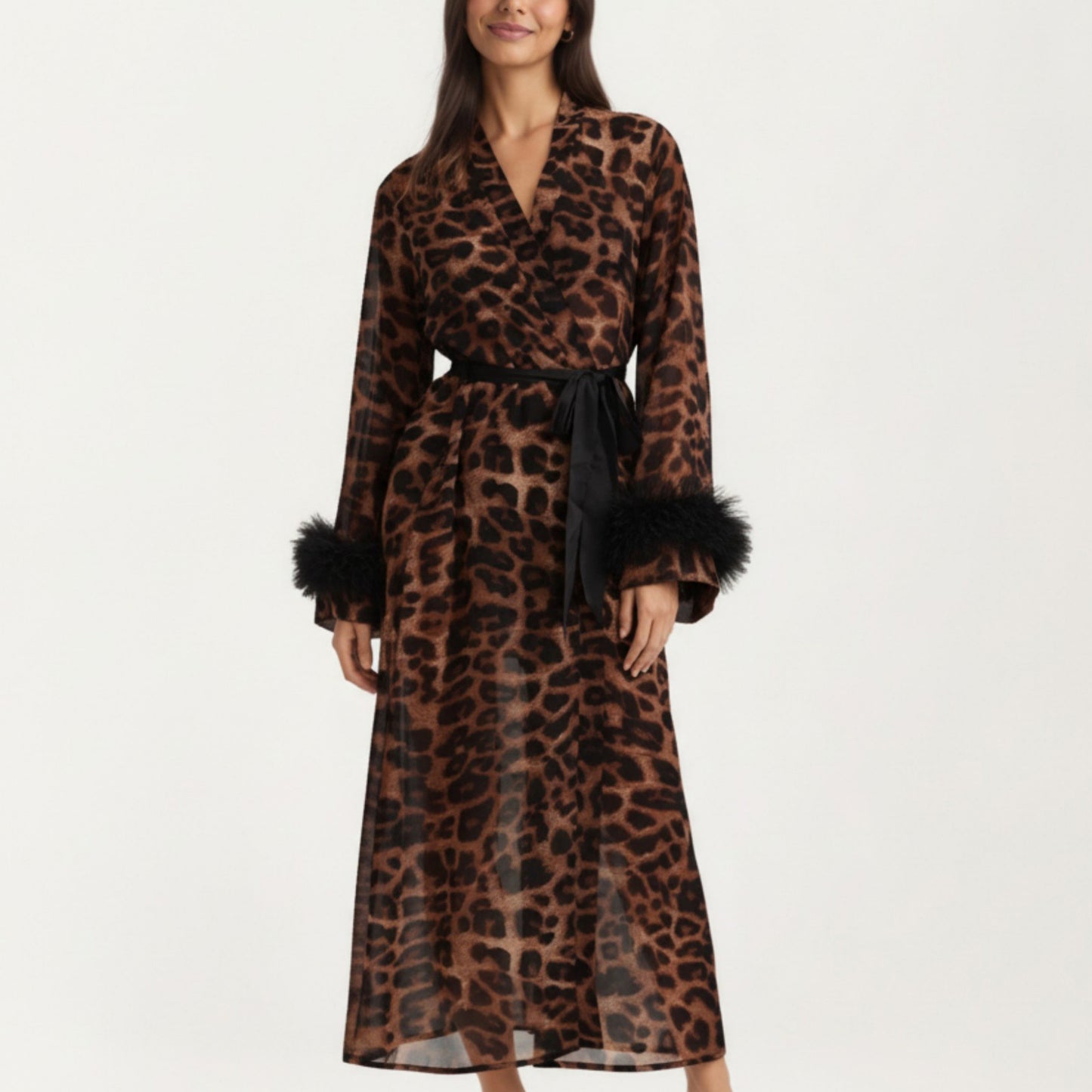 Leopard Print Mesh Robe Dress with Feather Sleeves and Satin Tie Waist in Longline Silhouette
