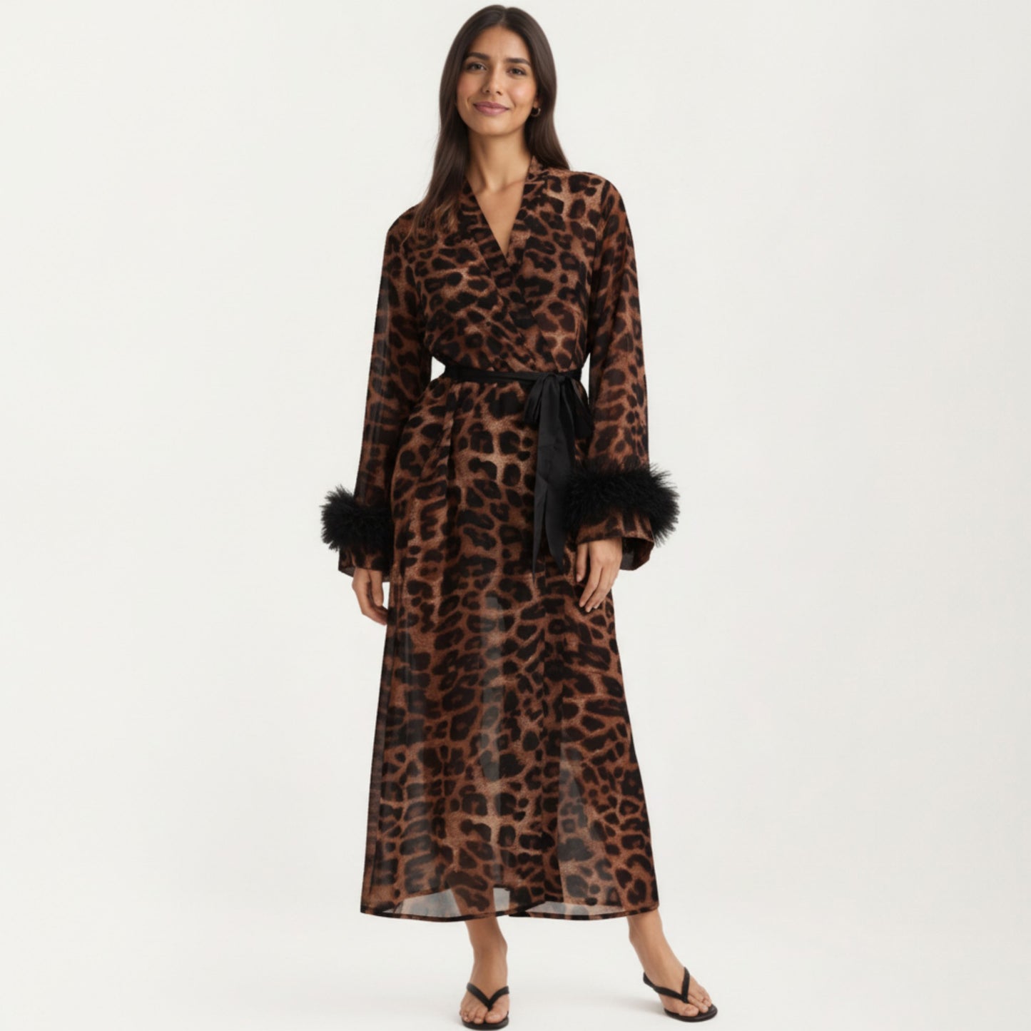 Leopard Print Mesh Robe Dress with Feather Sleeves and Satin Tie Waist in Longline Silhouette