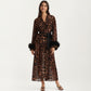Leopard Print Mesh Robe Dress with Feather Sleeves and Satin Tie Waist in Longline Silhouette
