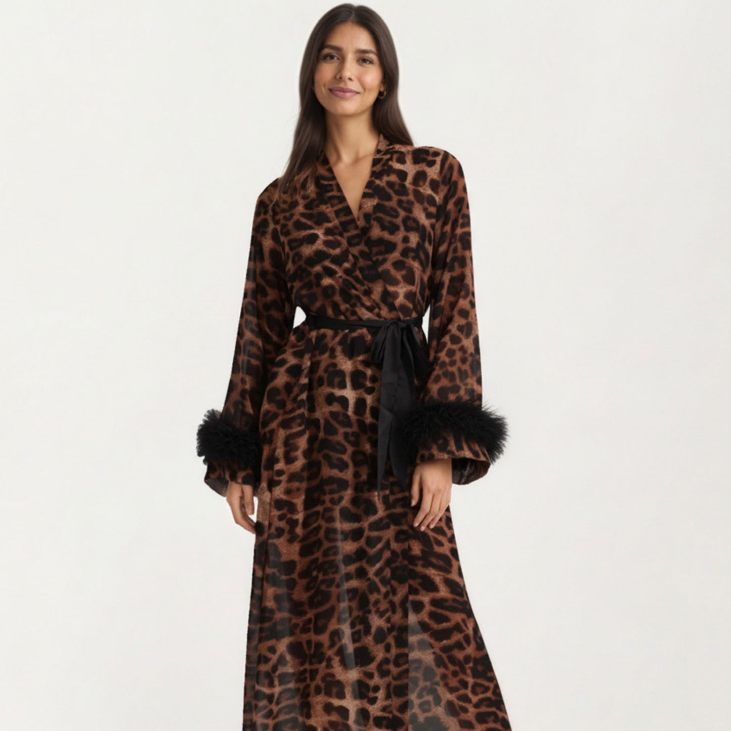 Leopard Print Mesh Robe Dress with Feather Sleeves and Satin Tie Waist in Longline Silhouette