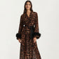 Leopard Print Mesh Robe Dress with Feather Sleeves and Satin Tie Waist in Longline Silhouette