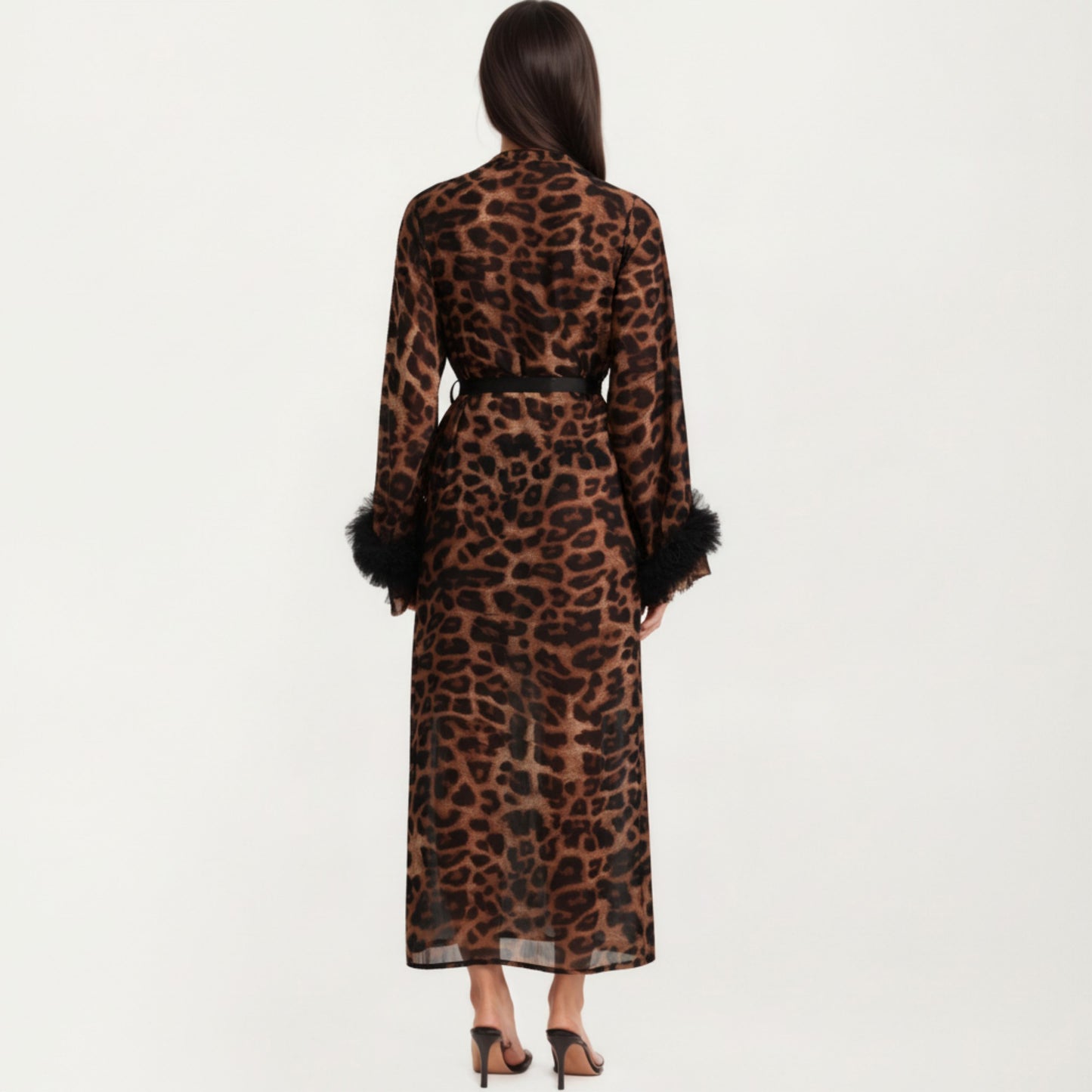 Leopard Print Mesh Robe Dress with Feather Sleeves and Satin Tie Waist in Longline Silhouette