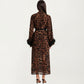 Leopard Print Mesh Robe Dress with Feather Sleeves and Satin Tie Waist in Longline Silhouette
