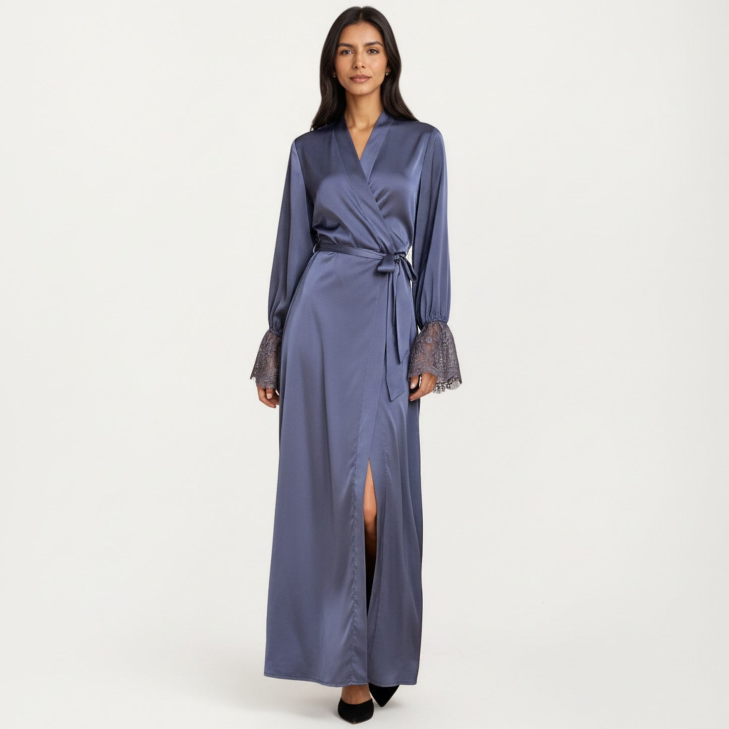 Satin Wrap Robe Dress with Long Sleeves Lace Cuff Detail and Adjustable Tie Waist in Flowy Maxi Silhouette