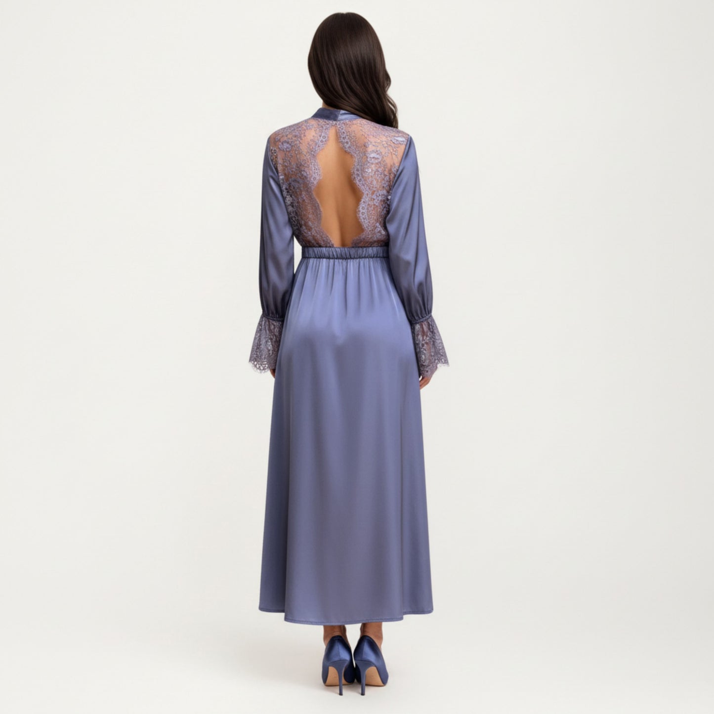 Satin Wrap Robe Dress with Long Sleeves Lace Cuff Detail and Adjustable Tie Waist in Flowy Maxi Silhouette