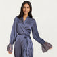 Satin Wrap Robe Dress with Long Sleeves Lace Cuff Detail and Adjustable Tie Waist in Flowy Maxi Silhouette