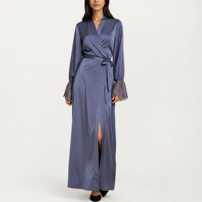 Satin Wrap Robe Dress with Long Sleeves Lace Cuff Detail and Adjustable Tie Waist in Flowy Maxi Silhouette