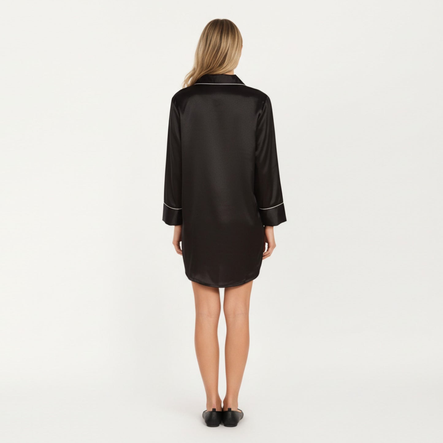Satin Button-Front Sleep Shirt with Contrast Piping Trim and Relaxed Long Sleeve Silhouette