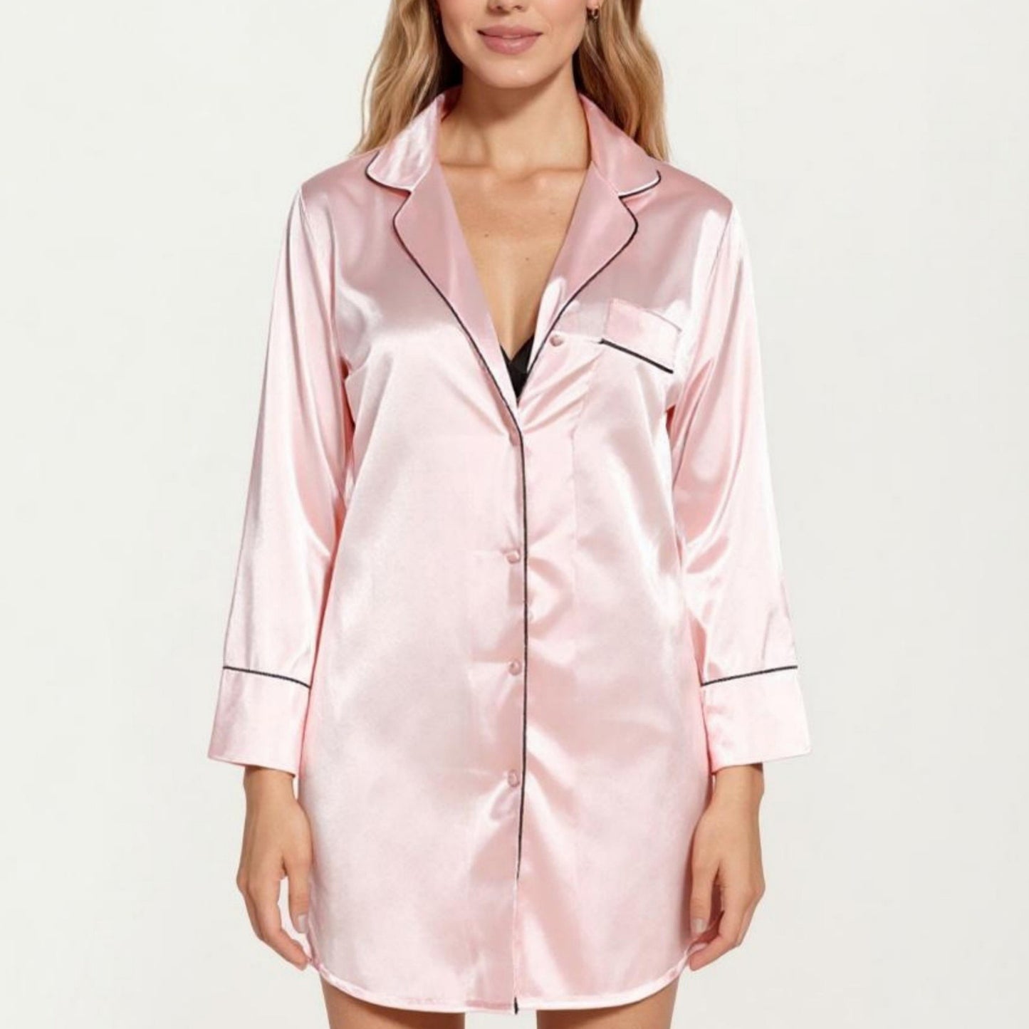 Satin Button-Front Sleep Shirt with Contrast Piping Trim and Relaxed Long Sleeve Silhouette
