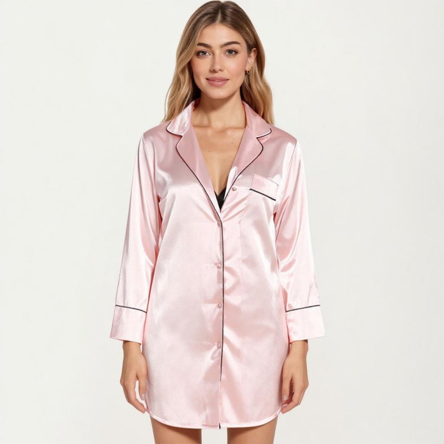Satin Button-Front Sleep Shirt with Contrast Piping Trim and Relaxed Long Sleeve Silhouette