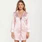 Satin Button-Front Sleep Shirt with Contrast Piping Trim and Relaxed Long Sleeve Silhouette