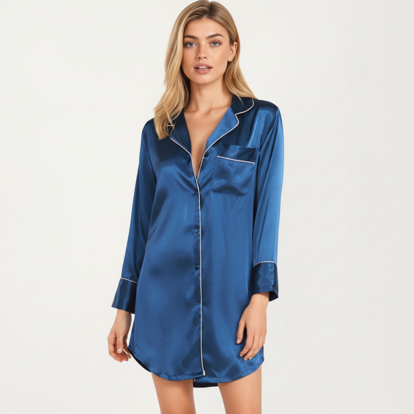 Satin Button-Front Sleep Shirt with Contrast Piping Trim and Relaxed Long Sleeve Silhouette