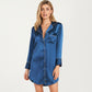 Satin Button-Front Sleep Shirt with Contrast Piping Trim and Relaxed Long Sleeve Silhouette