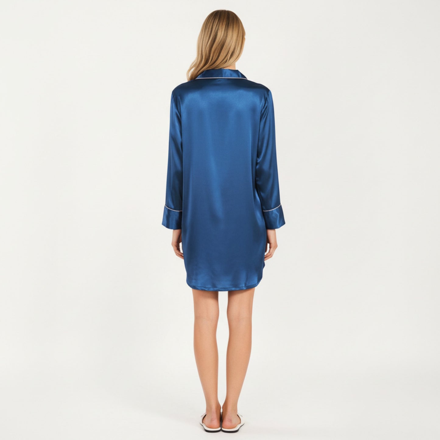 Satin Button-Front Sleep Shirt with Contrast Piping Trim and Relaxed Long Sleeve Silhouette