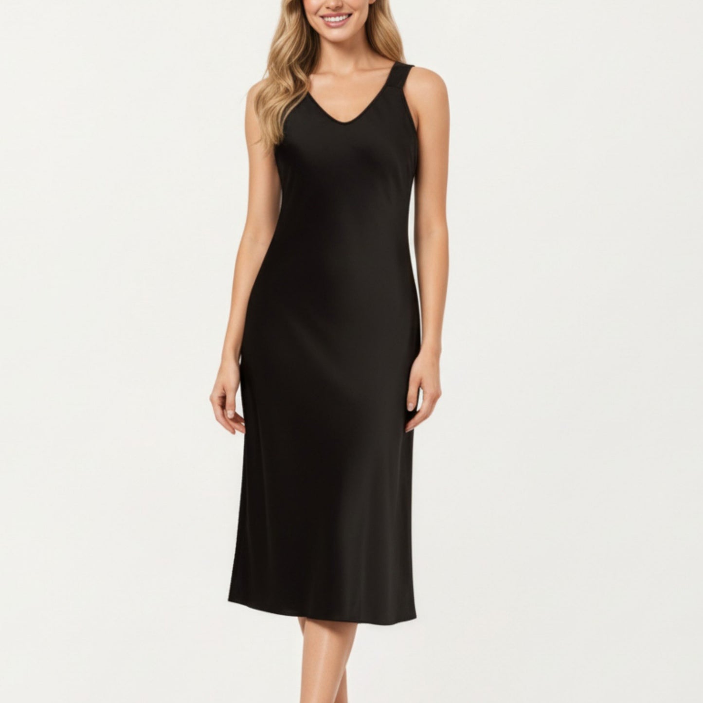 Satin Midi Slip Dress with Wide Shoulder Straps and Smooth Sculpted Silhouette for a Polished Minimal Look
