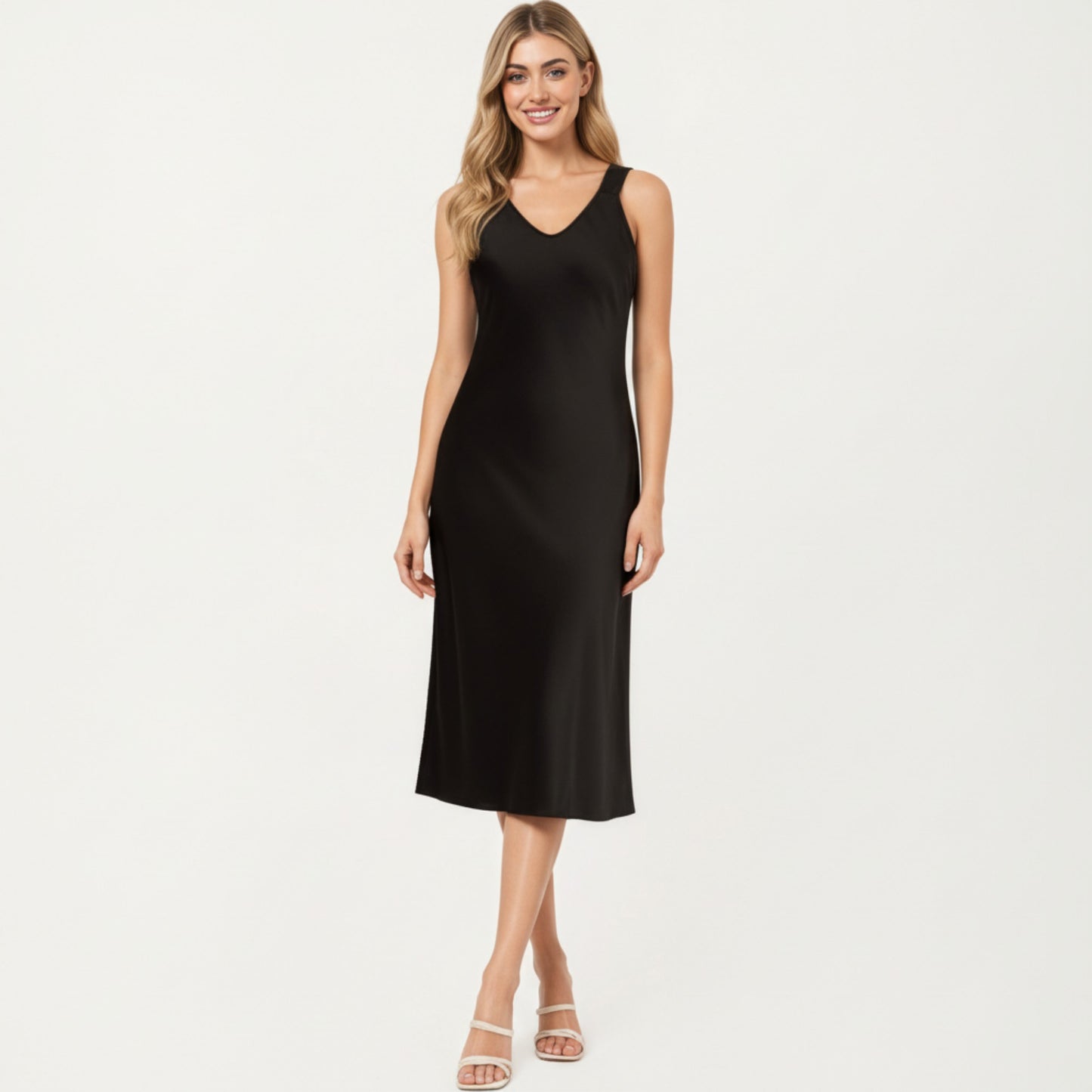 Satin Midi Slip Dress with Wide Shoulder Straps and Smooth Sculpted Silhouette for a Polished Minimal Look
