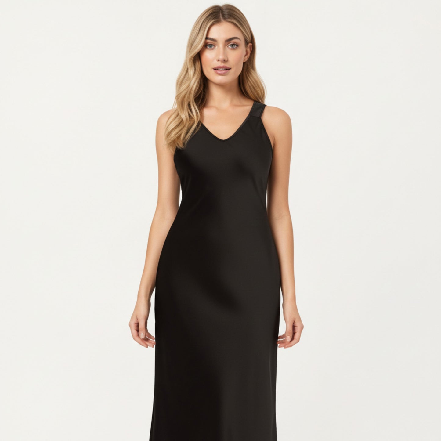 Satin Midi Slip Dress with Wide Shoulder Straps and Smooth Sculpted Silhouette for a Polished Minimal Look
