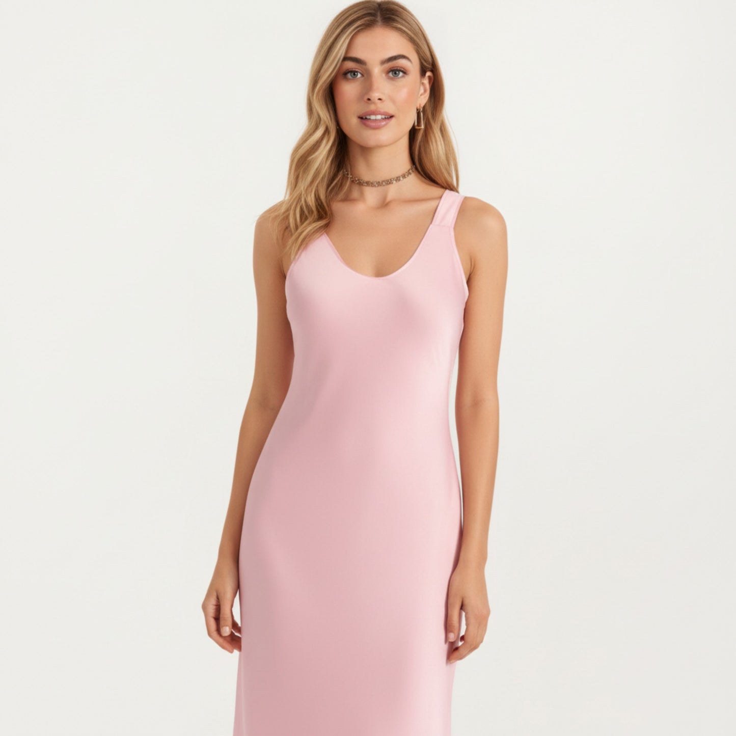 Satin Midi Slip Dress with Wide Shoulder Straps and Smooth Sculpted Silhouette for a Polished Minimal Look
