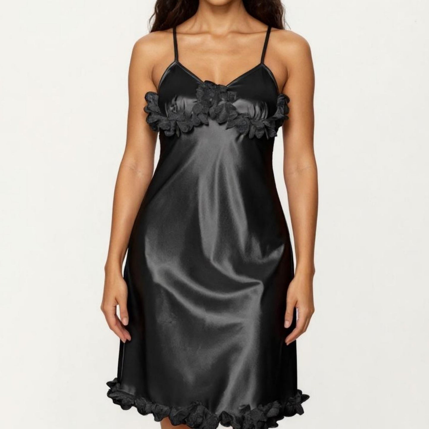 Satin Midi Slip Dress with 3D Floral Trim Bodice and Ruffled Hem Detail for a Soft Sculpted Silhouette