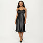 Satin Midi Slip Dress with 3D Floral Trim Bodice and Ruffled Hem Detail for a Soft Sculpted Silhouette