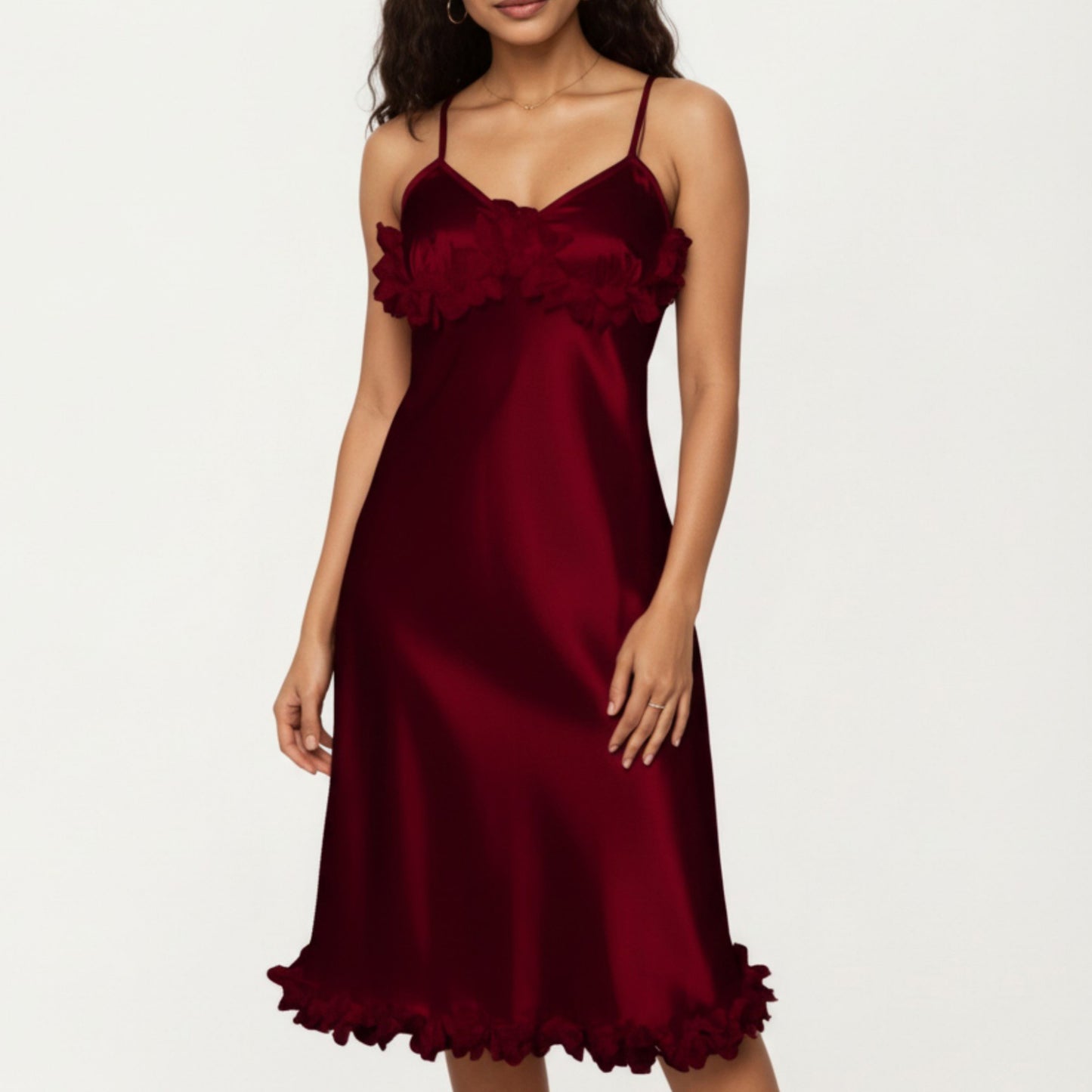 Satin Midi Slip Dress with 3D Floral Trim Bodice and Ruffled Hem Detail for a Soft Sculpted Silhouette