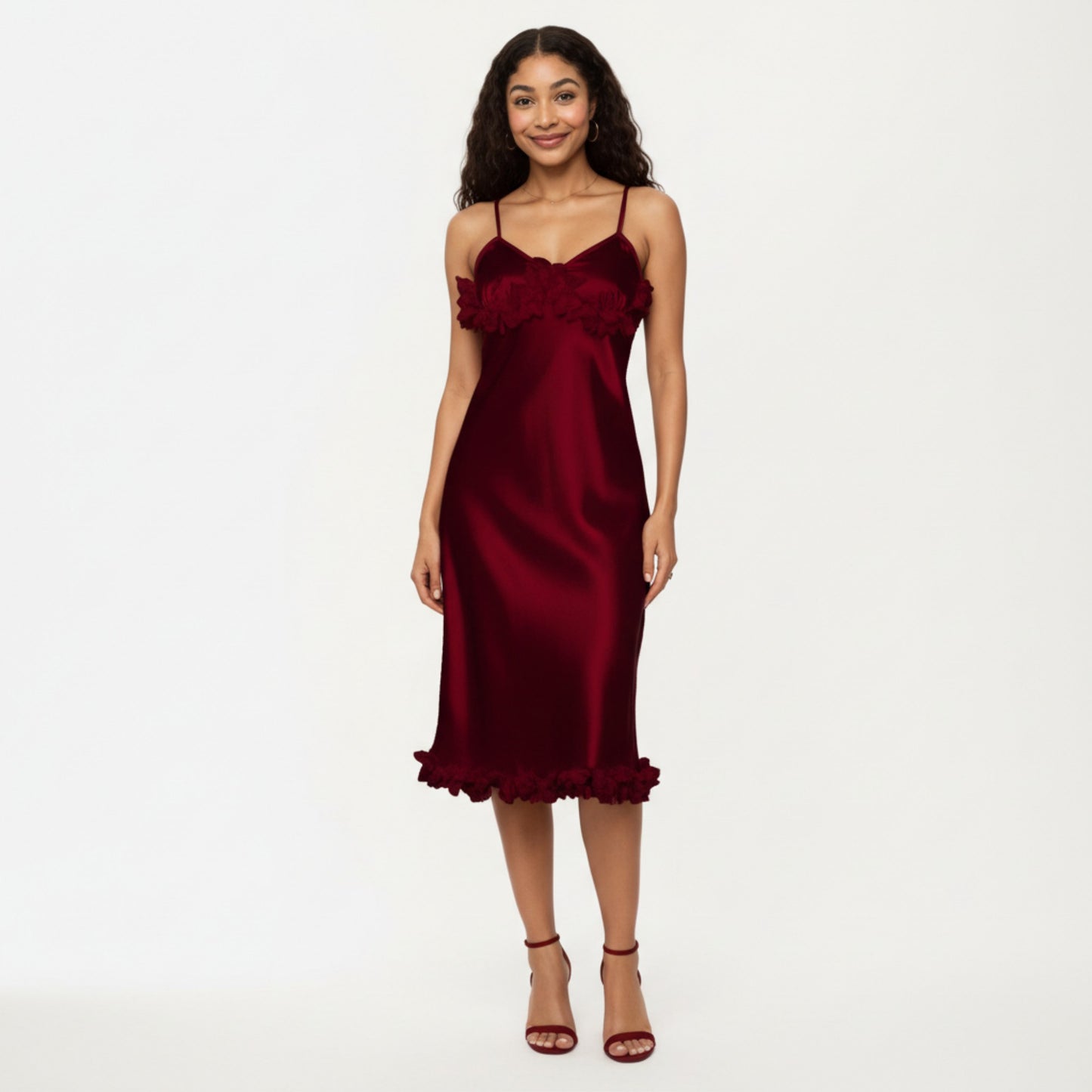 Satin Midi Slip Dress with 3D Floral Trim Bodice and Ruffled Hem Detail for a Soft Sculpted Silhouette