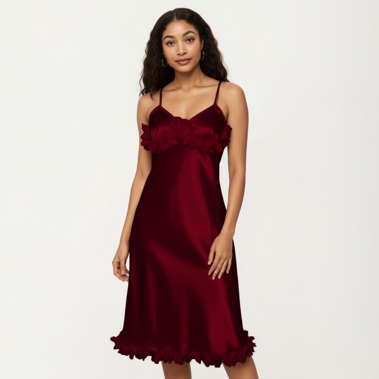 Satin Midi Slip Dress with 3D Floral Trim Bodice and Ruffled Hem Detail for a Soft Sculpted Silhouette