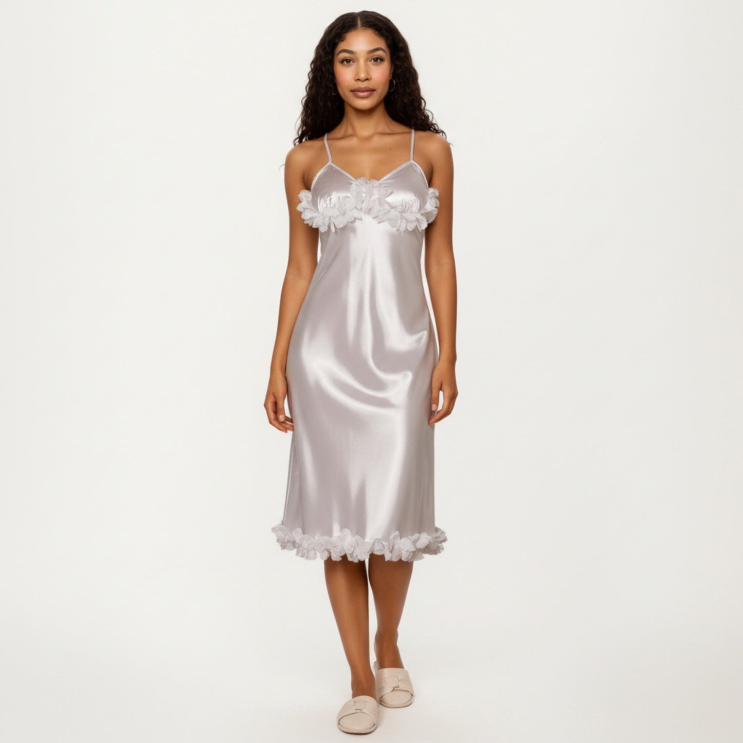 Satin Midi Slip Dress with 3D Floral Trim Bodice and Ruffled Hem Detail for a Soft Sculpted Silhouette