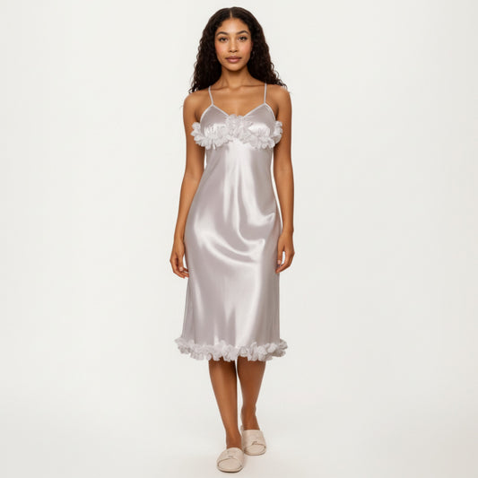 Satin Midi Slip Dress with 3D Floral Trim Bodice and Ruffled Hem Detail for a Soft Sculpted Silhouette