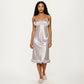 Satin Midi Slip Dress with 3D Floral Trim Bodice and Ruffled Hem Detail for a Soft Sculpted Silhouette