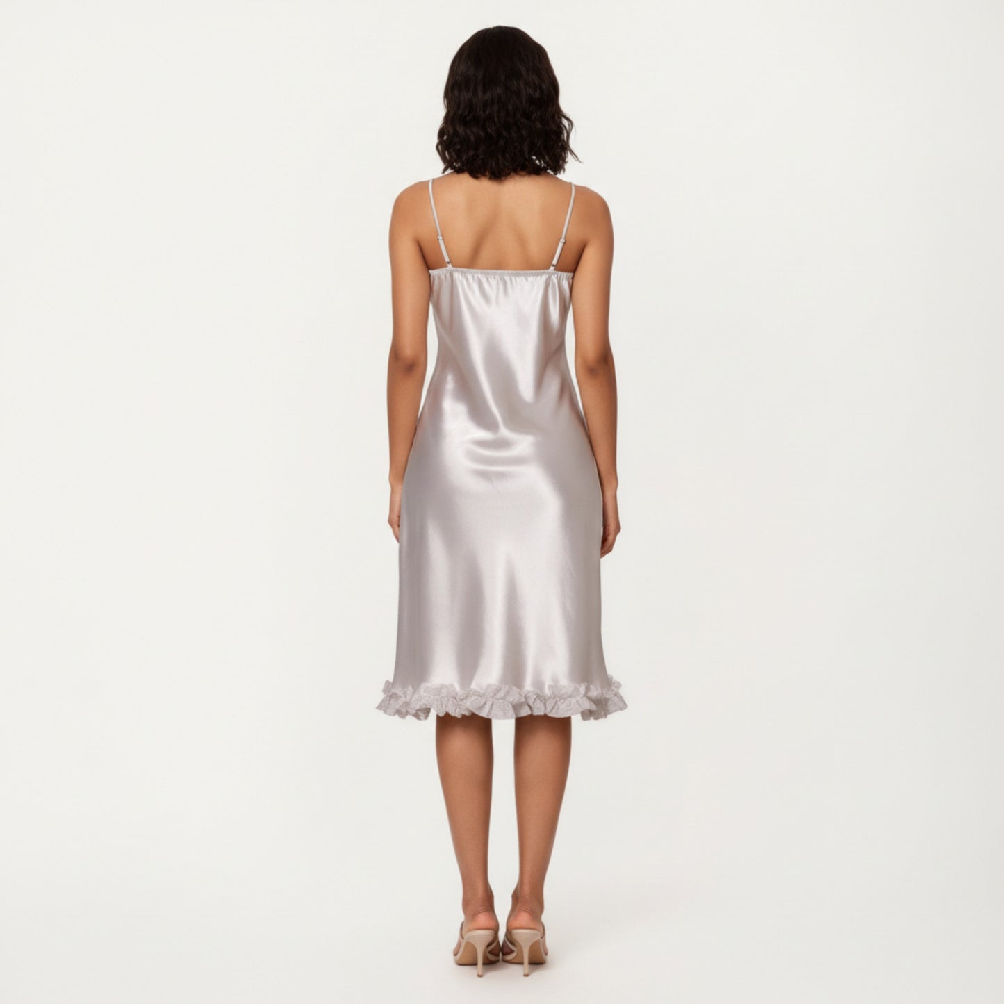 Satin Midi Slip Dress with 3D Floral Trim Bodice and Ruffled Hem Detail for a Soft Sculpted Silhouette