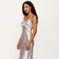 Satin Midi Slip Dress with 3D Floral Trim Bodice and Ruffled Hem Detail for a Soft Sculpted Silhouette