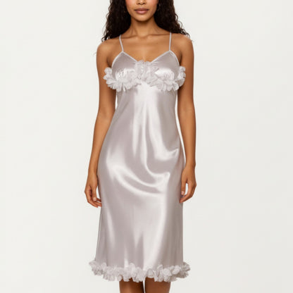 Satin Midi Slip Dress with 3D Floral Trim Bodice and Ruffled Hem Detail for a Soft Sculpted Silhouette