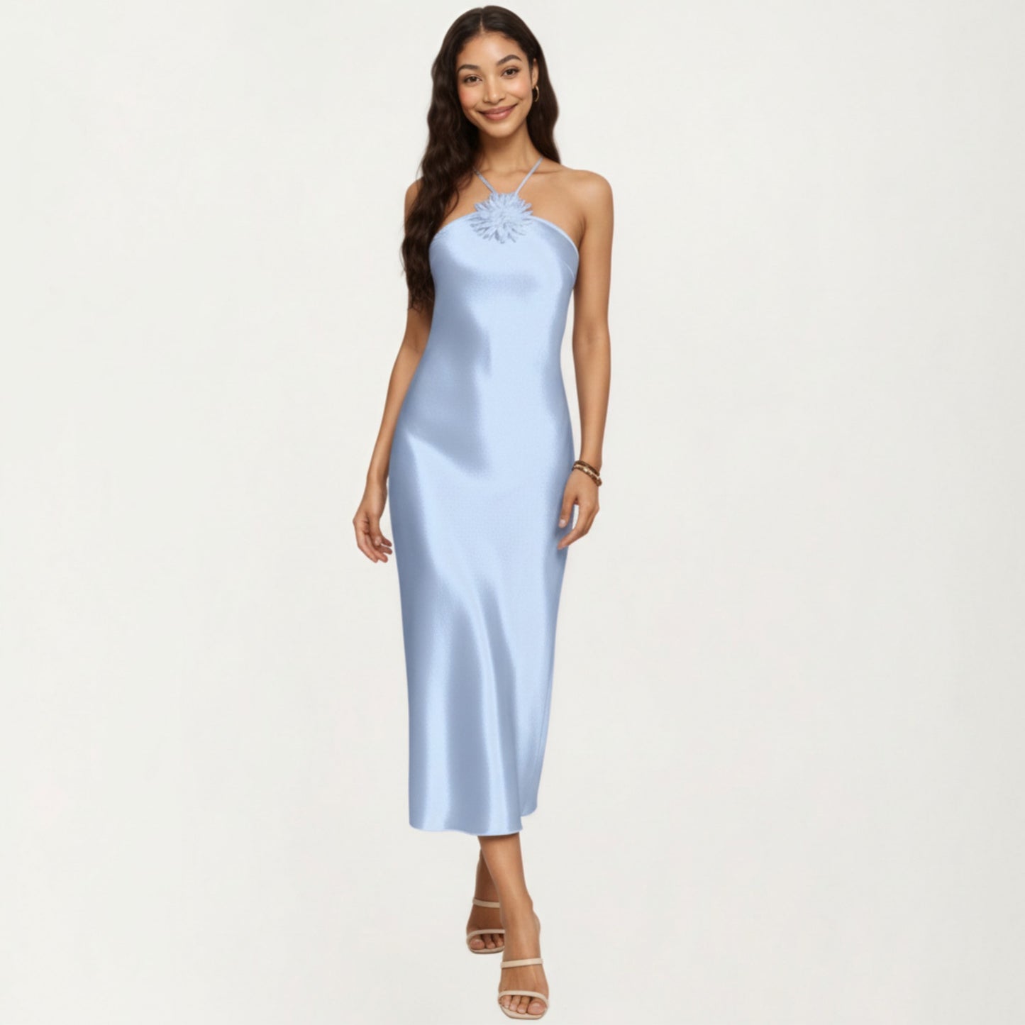 Strapless Midi Slip Dress with Floral Appliqu¨¦ Halter Detail and Sleek Smooth Silhouette
